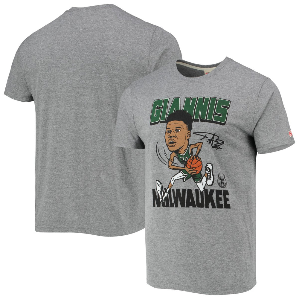 Heathered Gray Giannis Antetokounmpo Milwaukee Bucks Homage Caricature Tri-Blend T-Shirt | NBA