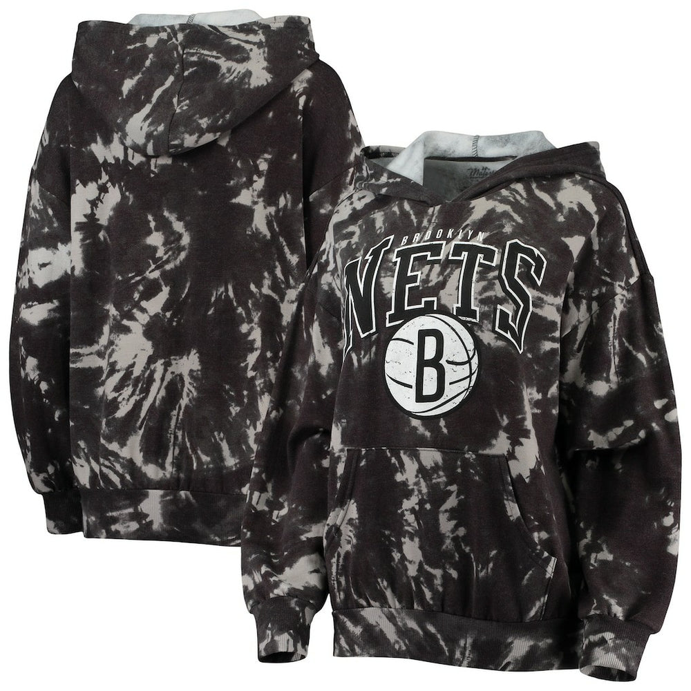 Black Brooklyn Nets Majestic Threads Women's Burble Tie-Dye Tri-Blend Pullover Hoodie | NBA