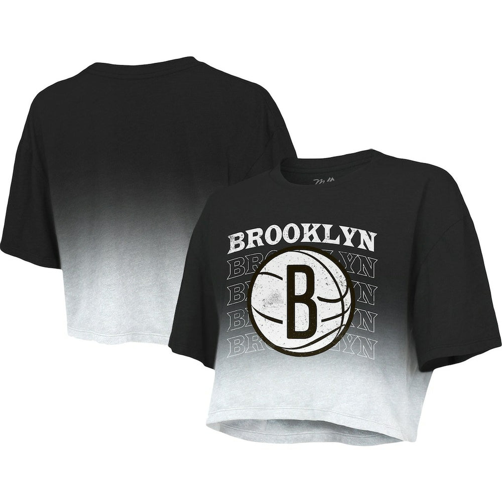 Black/White Brooklyn Nets Majestic Threads Women's Repeat Dip-Dye Cropped T-Shirt | NBA