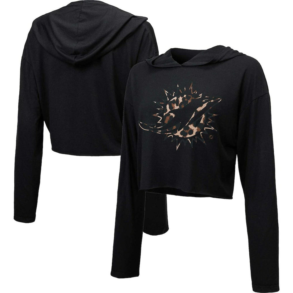 Miami Dolphins Majestic Threads Women's Leopard Cropped Pullover Hoodie | NFL New