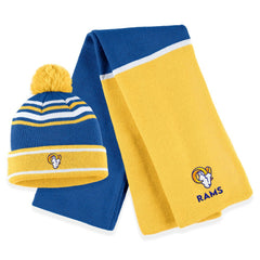 Los Angeles Rams WEAR by Erin Andrews Women's Colorblock Cuffed Knit Hat with Pom and Scarf Set | NFL Sale