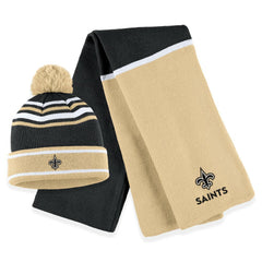 New Orleans Saints WEAR by Erin Andrews Women's Colorblock Cuffed Knit Hat with Pom and Scarf Set | NFL On sale