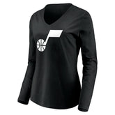 Black Utah Jazz Women's Primary Logo Team Long Sleeve V-Neck T-Shirt | NBA