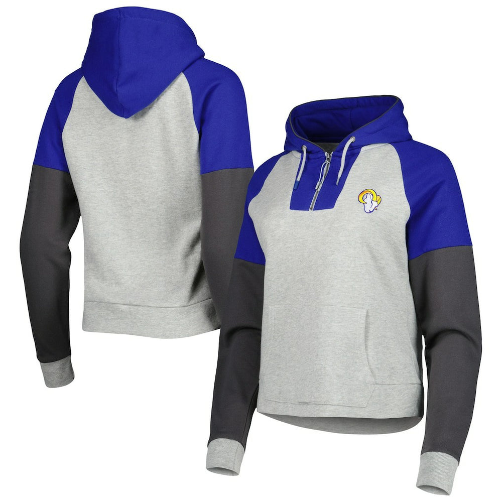 Los Angeles Rams Antigua Women's Lightweight Jackpot Raglan Half-Zip Pullover Hoodie | NFL Outlet