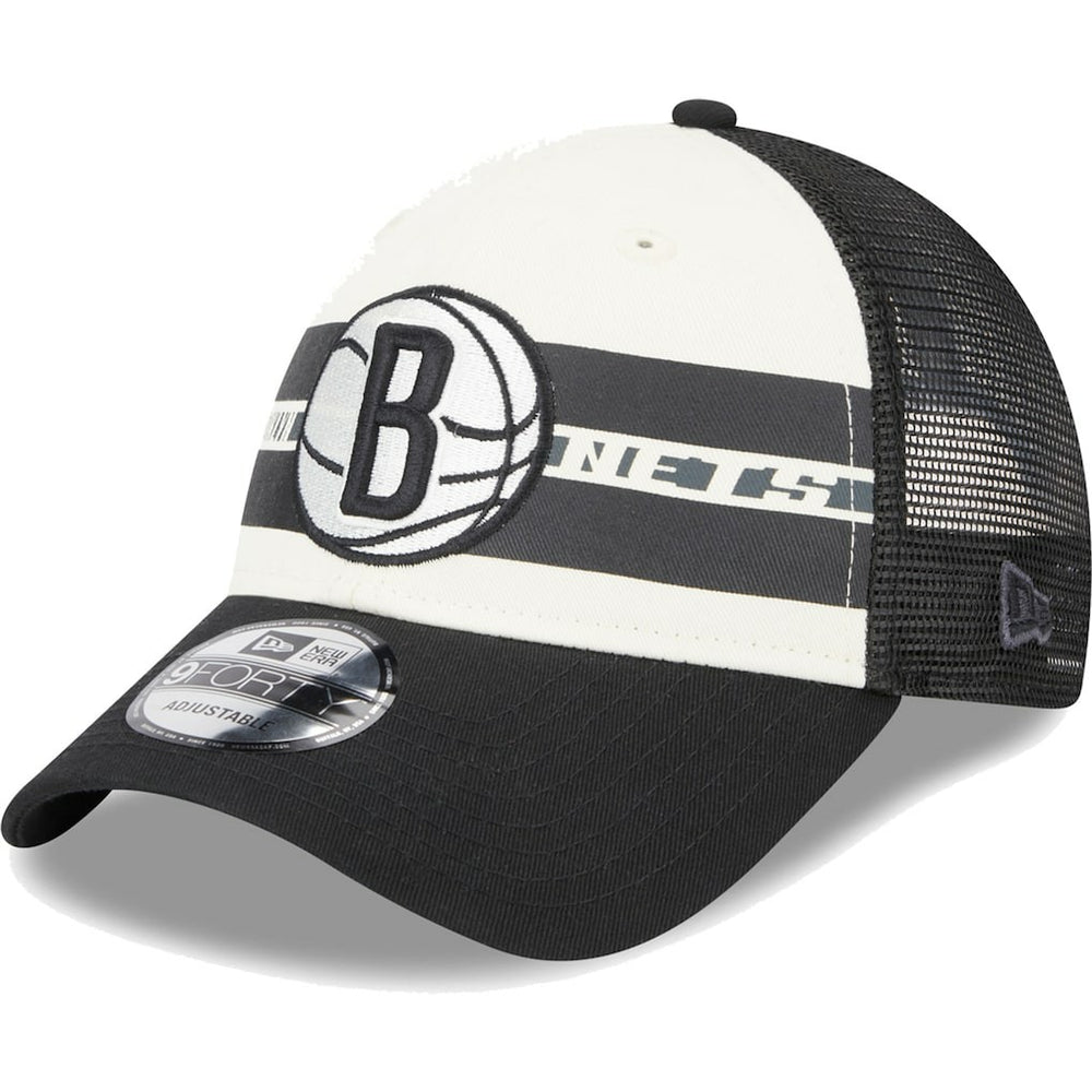 Black Brooklyn Nets Stripes 9FORTY Trucker Snapback Hat | NBA