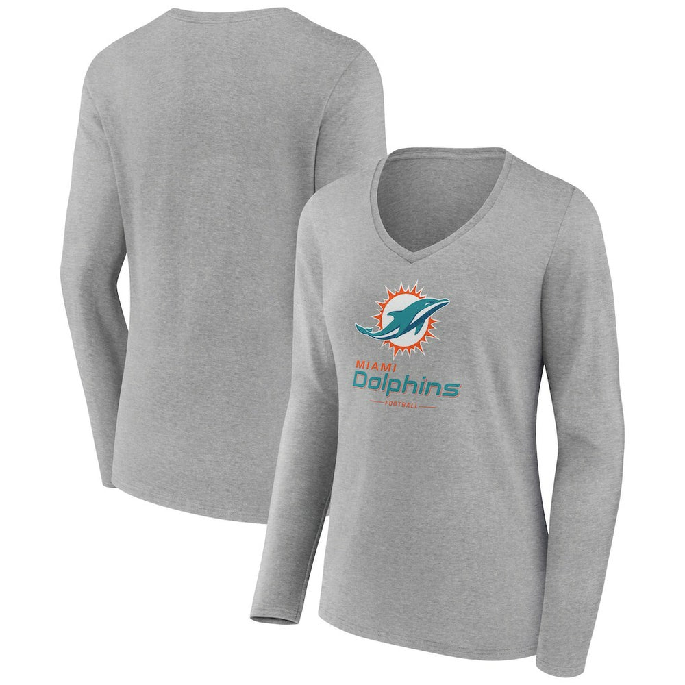 Miami Dolphins Women's Logo Team Lockup Long Sleeve V-Neck T-Shirt | NFL Discount