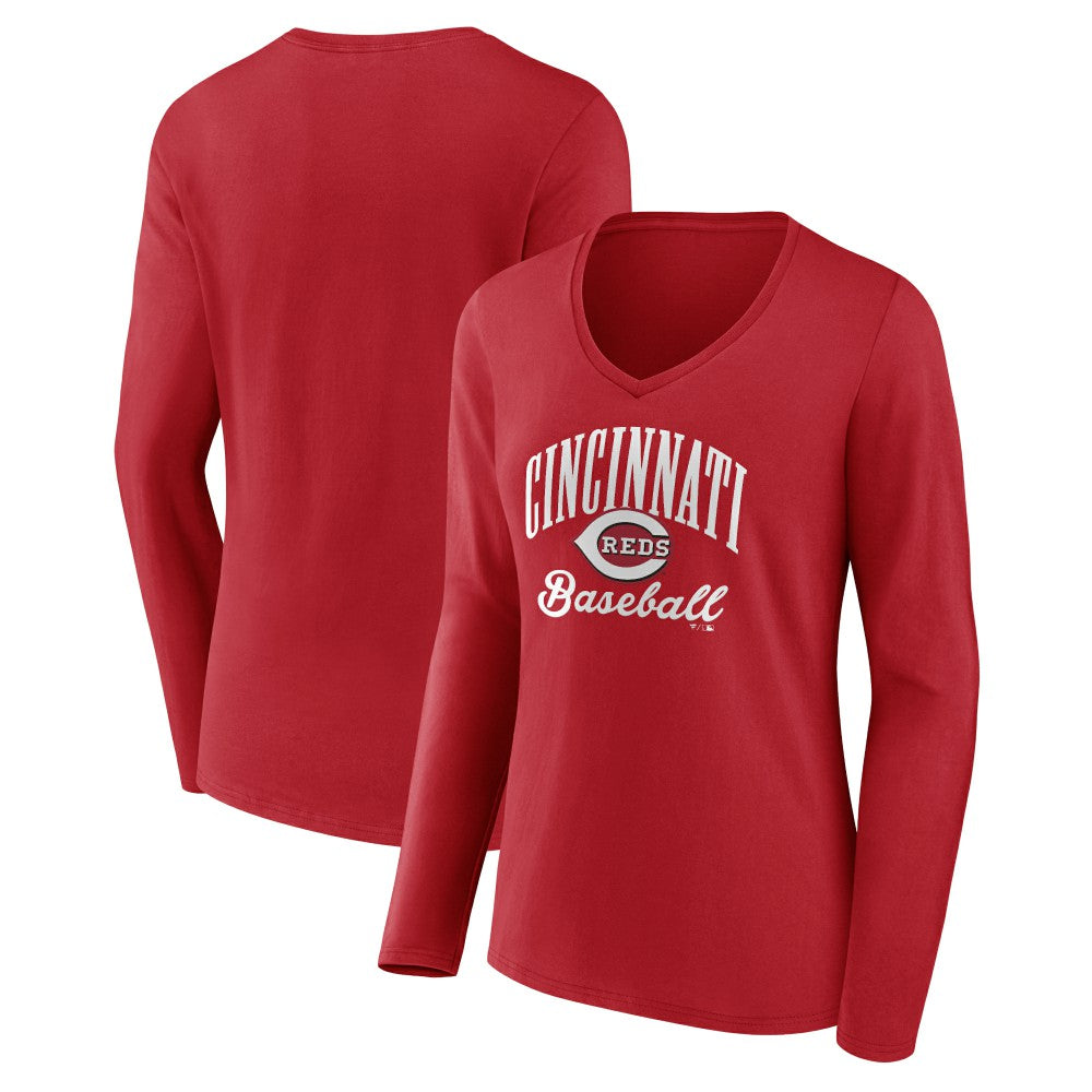 Cincinnati Reds Women's Victory Script Long Sleeve V-Neck T-Shirt - MLB T-shirts