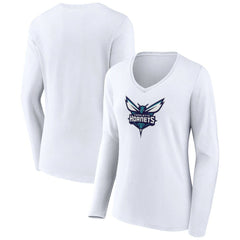 White Charlotte Hornets Women's Logo Long Sleeve V-Neck T-Shirt | NBA