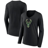 Black Milwaukee Bucks Women's Logo Long Sleeve V-Neck T-Shirt | NBA