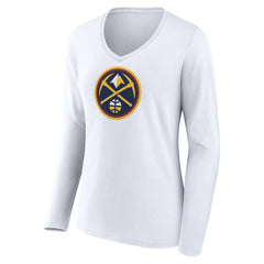 White Denver Nuggets Women's Logo Long Sleeve V-Neck T-Shirt sale | NBA