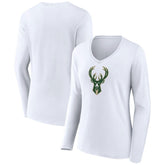 White Milwaukee Bucks Women's Logo Long Sleeve V-Neck T-Shirt | NBA