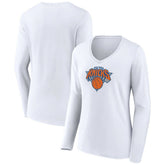 White New York Knicks Women's Logo Long Sleeve V-Neck T-Shirt | NBA