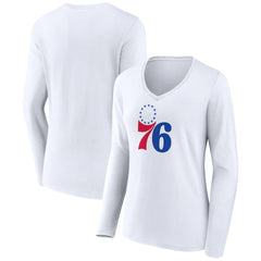 White Philadelphia 76ers Women's Logo Long Sleeve V-Neck T-Shirt | NBA