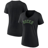 Black Milwaukee Bucks Women's Wordmark V-Neck T-Shirt | NBA