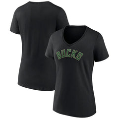 Black Milwaukee Bucks Women's Wordmark V-Neck T-Shirt | NBA
