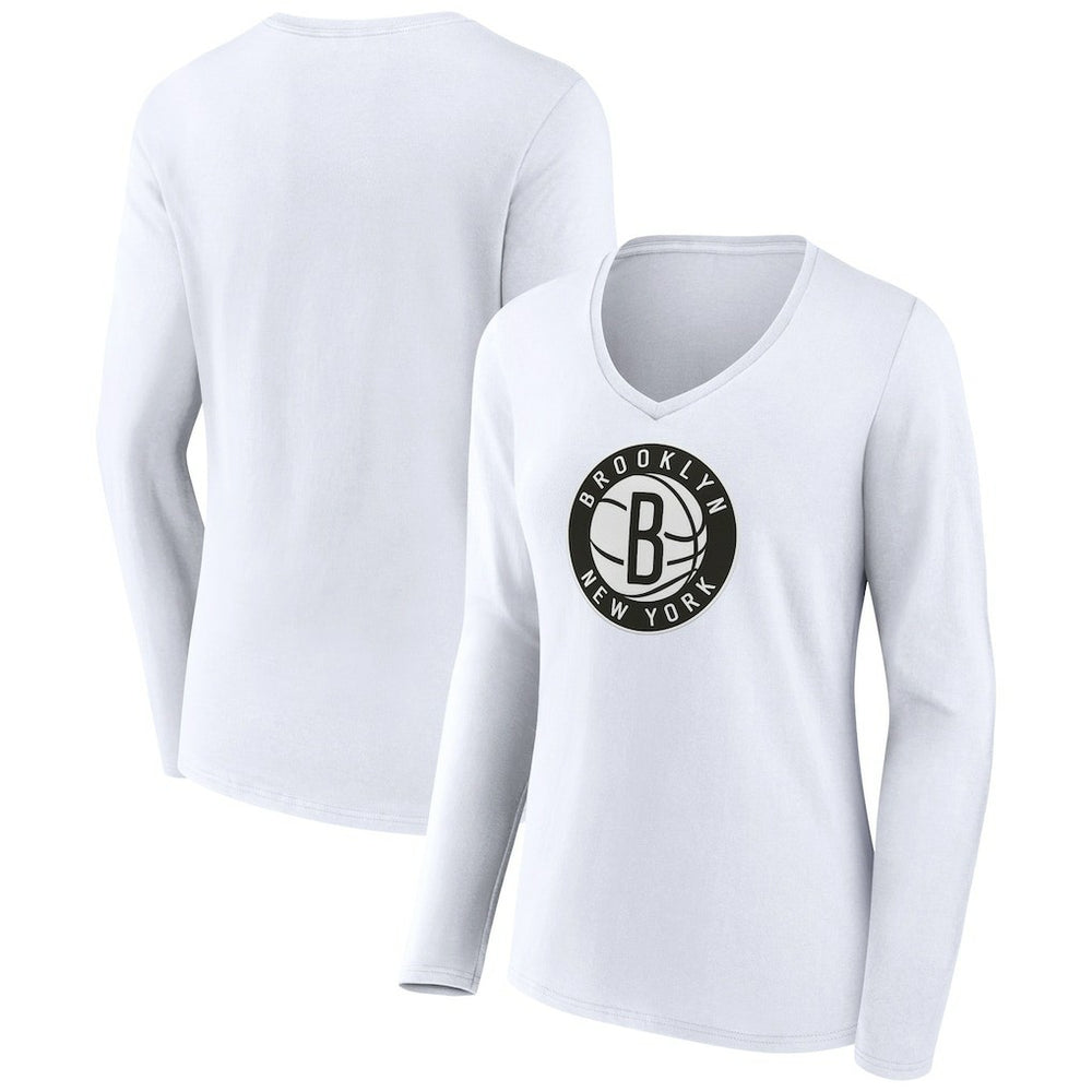 White Brooklyn Nets Women's Alternate Logo V-Neck Long Sleeve T-Shirt | NBA
