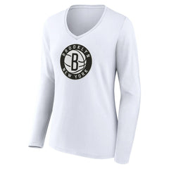 White Brooklyn Nets Women's Alternate Logo V-Neck Long Sleeve T-Shirt | NBA