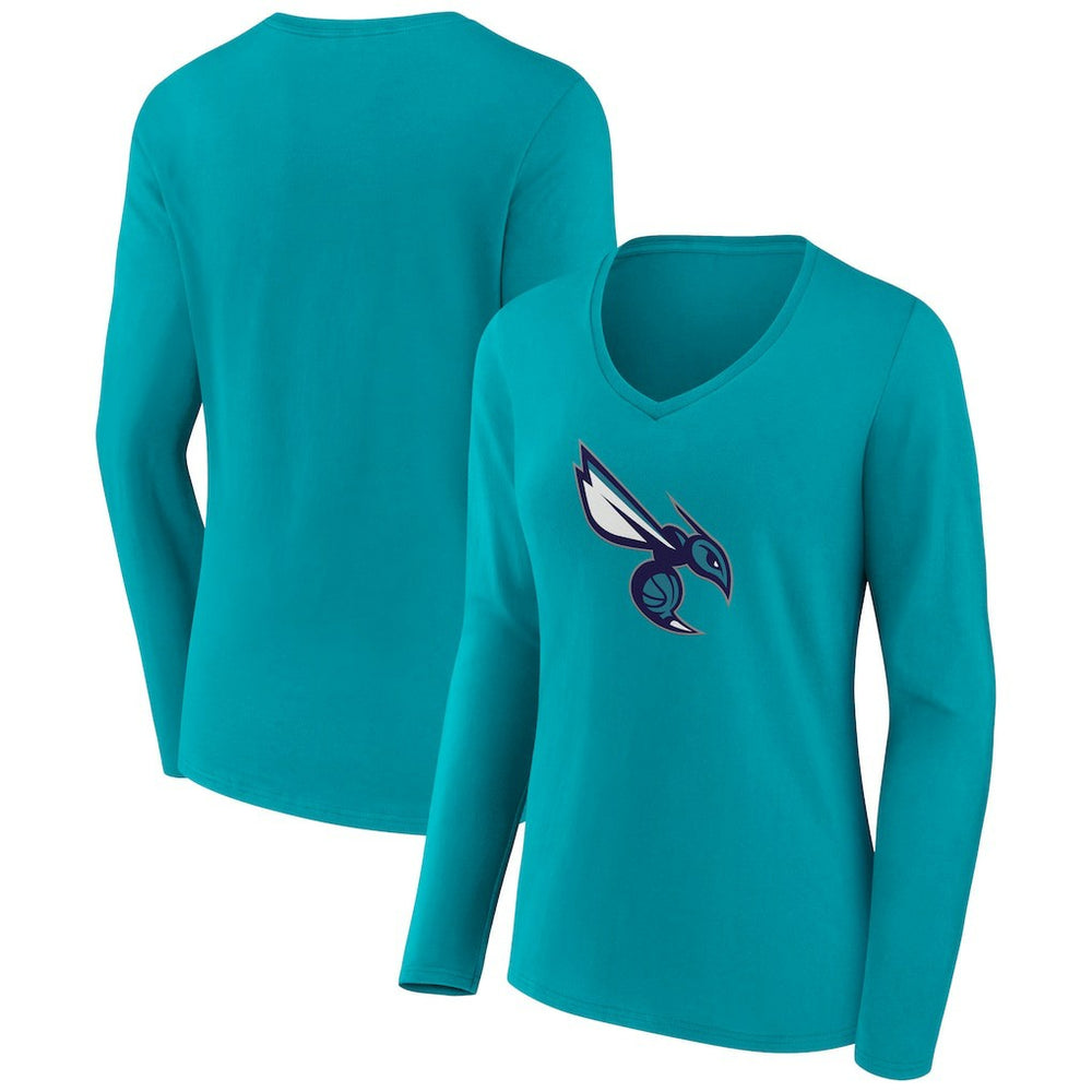 Aqua Charlotte Hornets Women's Alternate Logo V-Neck Long Sleeve T-Shirt | NBA