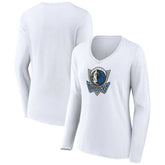 White Dallas Mavericks Women's Alternate Logo V-Neck Long Sleeve T-Shirt sale | NBA