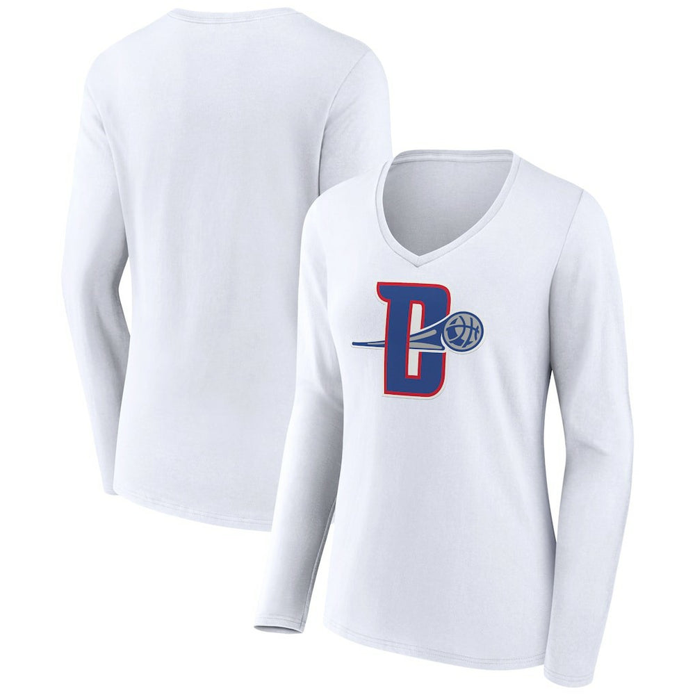 White Detroit Pistons Women's Alternate Logo V-Neck Long Sleeve T-Shirt sale | NBA