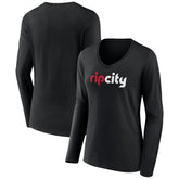 Black Portland Trail Blazers Women's Alternate Logo V-Neck Long Sleeve T-Shirt | NBA