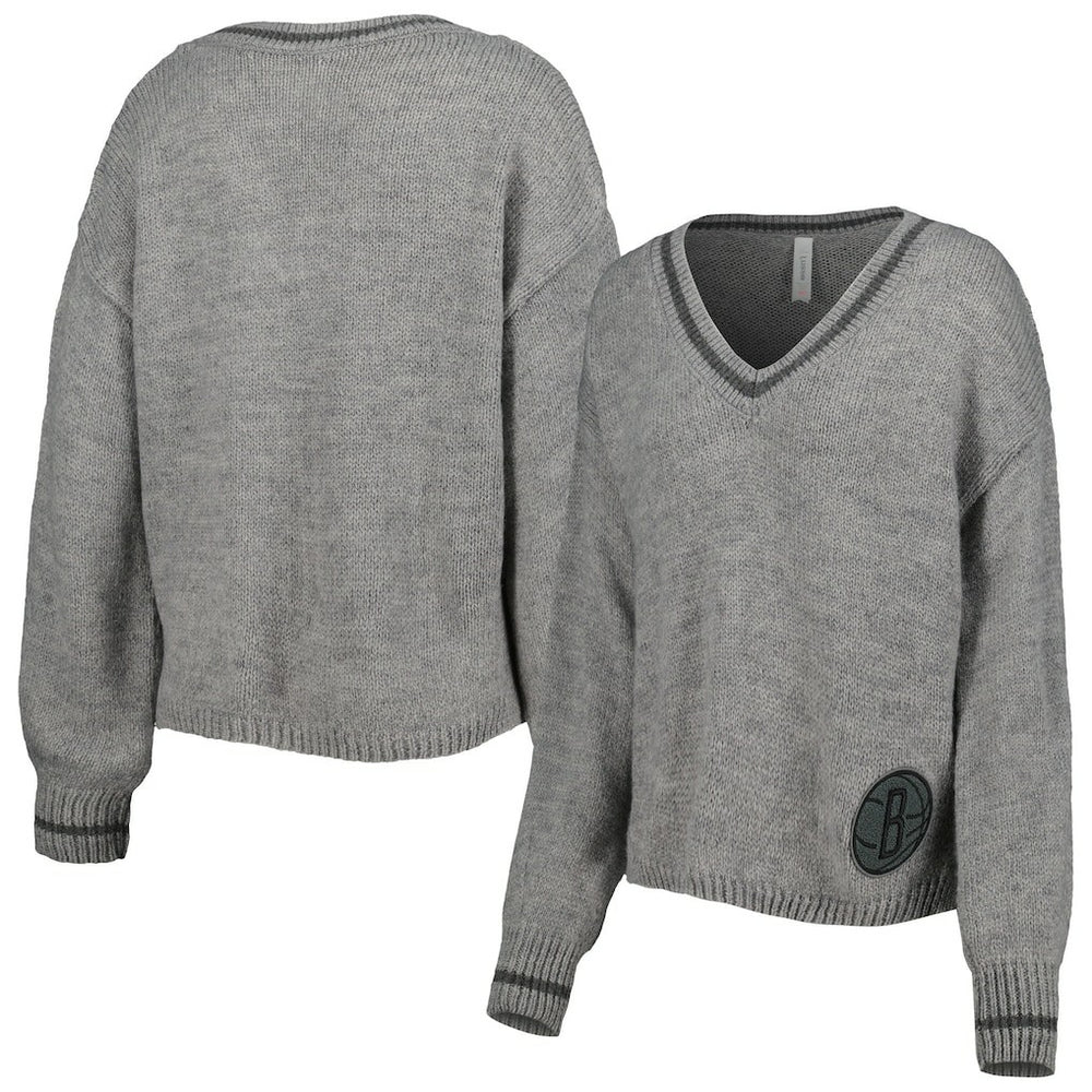 Gray Brooklyn Nets Lusso Women's Scarletts Lantern Sleeve Tri-Blend V-Neck Pullover Sweater | NBA