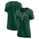 Heather Hunter Green Milwaukee Bucks Women's Distressed Logo Tri-Blend T-Shirt | NBA