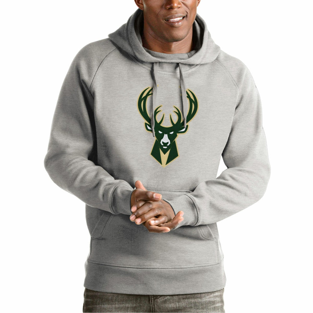 Heather Gray Milwaukee Bucks Antigua Team Logo Victory Pullover Hoodie | NBA