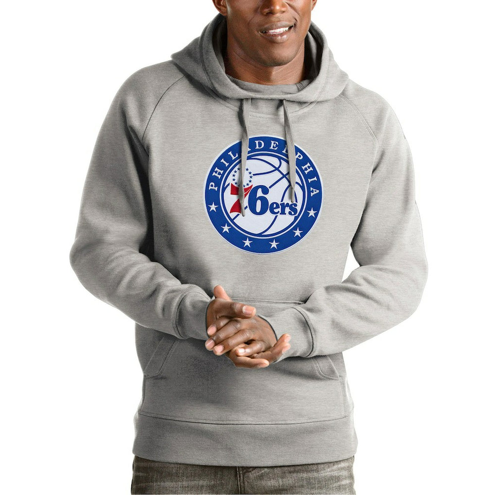 Heather Gray Philadelphia 76ers Antigua Team Logo Victory Pullover Hoodie | NBA