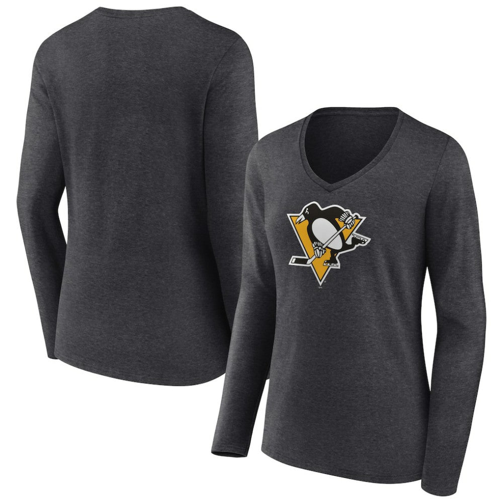 Pittsburgh Penguins Women's Primary Team Logo Long Sleeve V-Neck T-Shirt - NHL T-shirts