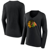 Chicago Blackhawks Women's Primary Team Logo Long Sleeve V-Neck T-Shirt - NHL T-shirts