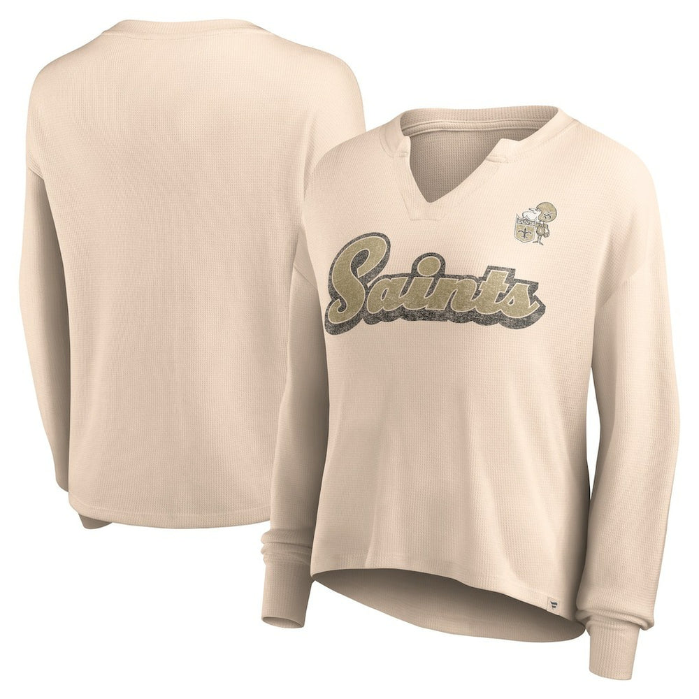 New Orleans Saints Women's Go For It Notch Neck Waffle Knit Lightweight Long Sleeve T-Shirt | NFL Hot
