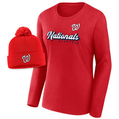 Washington Nationals Fanatics Women's Run The Bases Long Sleeve T-Shirt & Cuffed Knit Hat with Pom Combo Set - MLB Hats