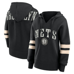 Black Brooklyn Nets Women's Bold Move Dolman V-Neck High Hip Hoodie | NBA