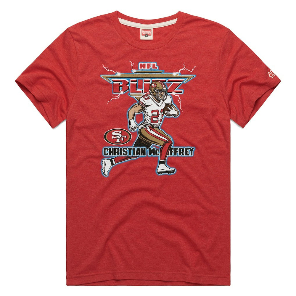 San Francisco 49ers Christian McCaffrey Homage Unisex NFL Blitz Player Tri-Blend T-Shirt | NFL Outlet