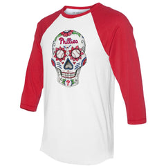 Philadelphia Phillies Tiny Turnip Unisex Sugar Skull 3/4-Sleeve Raglan T-Shirt - MLB T-shirts