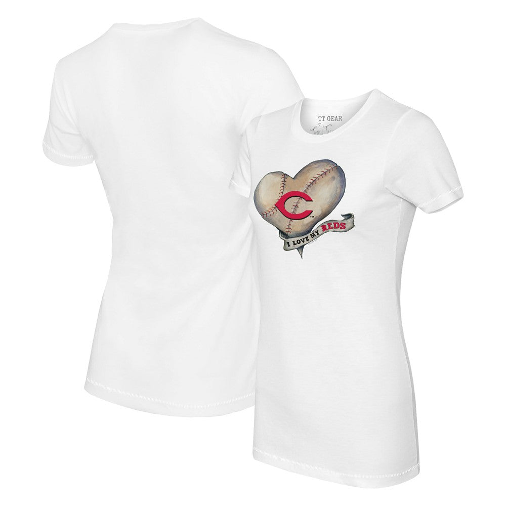Cincinnati Reds Tiny Turnip Women's Heart Banner T-Shirt - MLB T-shirts