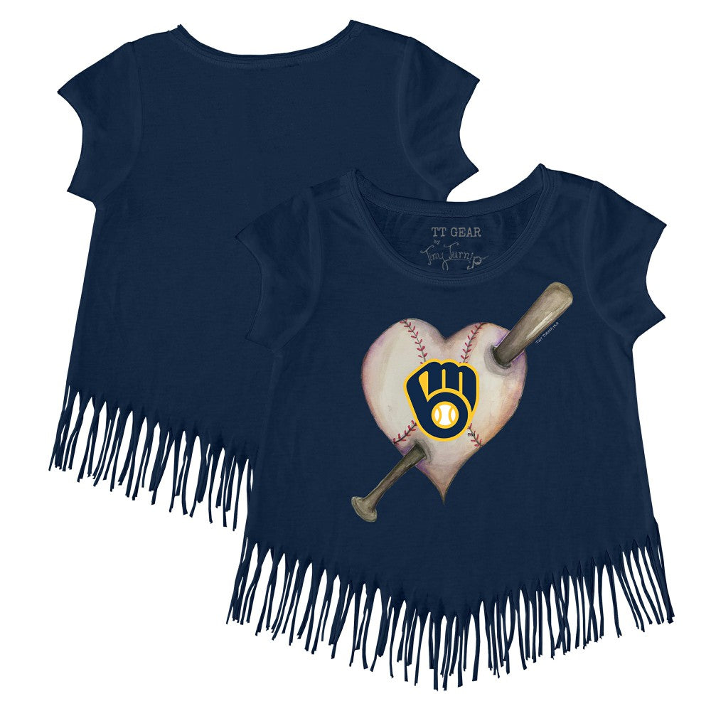 Milwaukee Brewers Tiny Turnip Girls Youth Heart Bat Fringe T-Shirt - MLB T-shirts