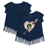 Milwaukee Brewers Tiny Turnip Girls Youth Heart Bat Fringe T-Shirt - MLB T-shirts