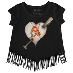 Baltimore Orioles Tiny Turnip Girls Youth Heart Bat Fringe T-Shirt - MLB T-shirts