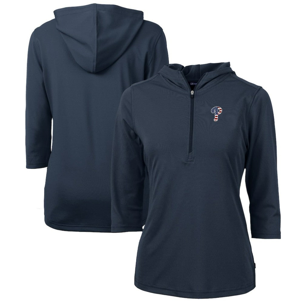 Philadelphia Phillies Cutter & Buck Women's Americana Logo DryTec Virtue Eco Pique Recycled Half-Zip Pullover Hoodie - MLB Hoodies