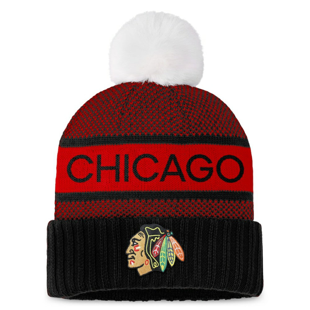 Chicago Blackhawks Fanatics Women's Authentic Pro Rink Cuffed Knit Hat with Pom -  NHL Hats