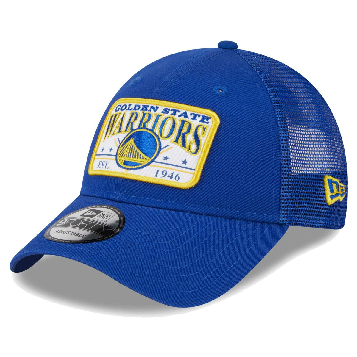 Royal Golden State Warriors Plate Oversized Patch Trucker 9FORTY Adjustable Hat sale | NBA