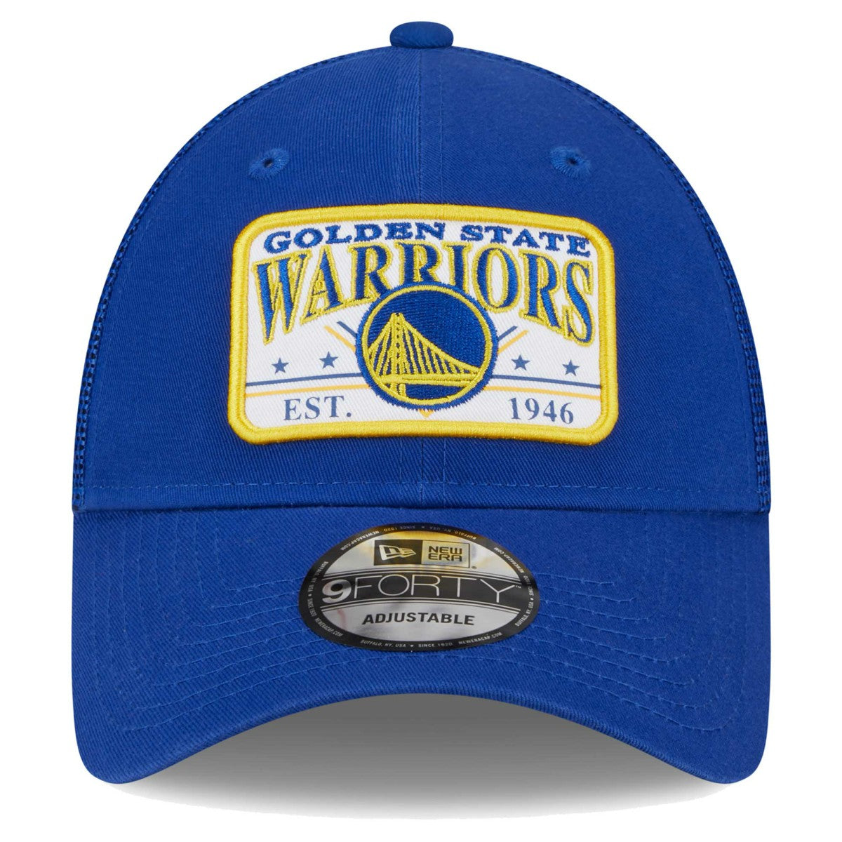 Royal Golden State Warriors Plate Oversized Patch Trucker 9FORTY Adjustable Hat sale | NBA