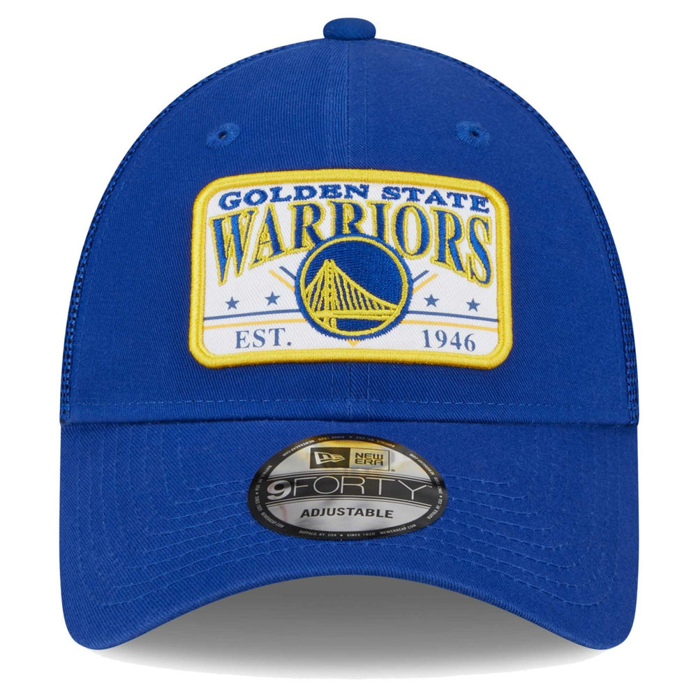 Royal Golden State Warriors Plate Oversized Patch Trucker 9FORTY Adjustable Hat sale | NBA