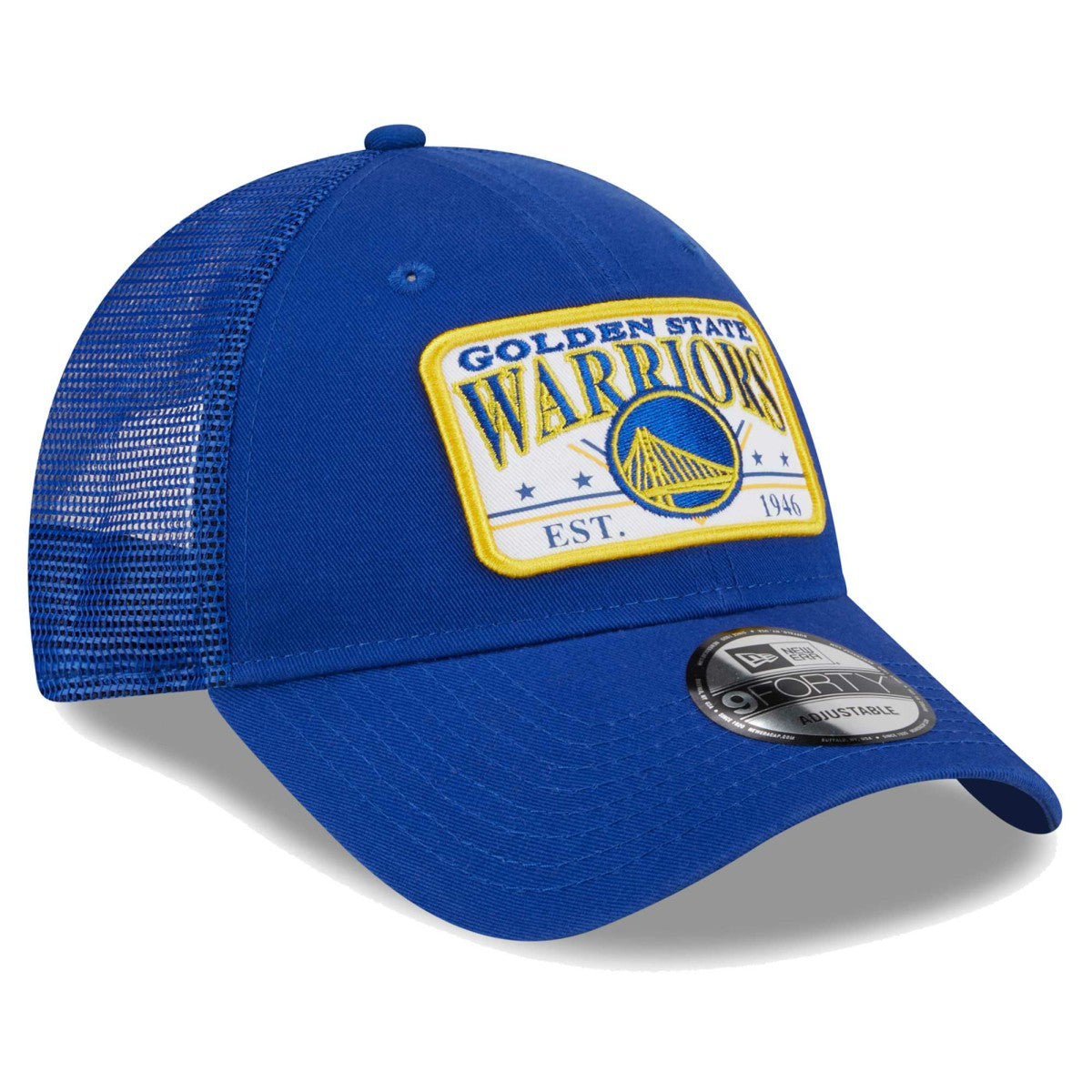 Royal Golden State Warriors Plate Oversized Patch Trucker 9FORTY Adjustable Hat sale | NBA