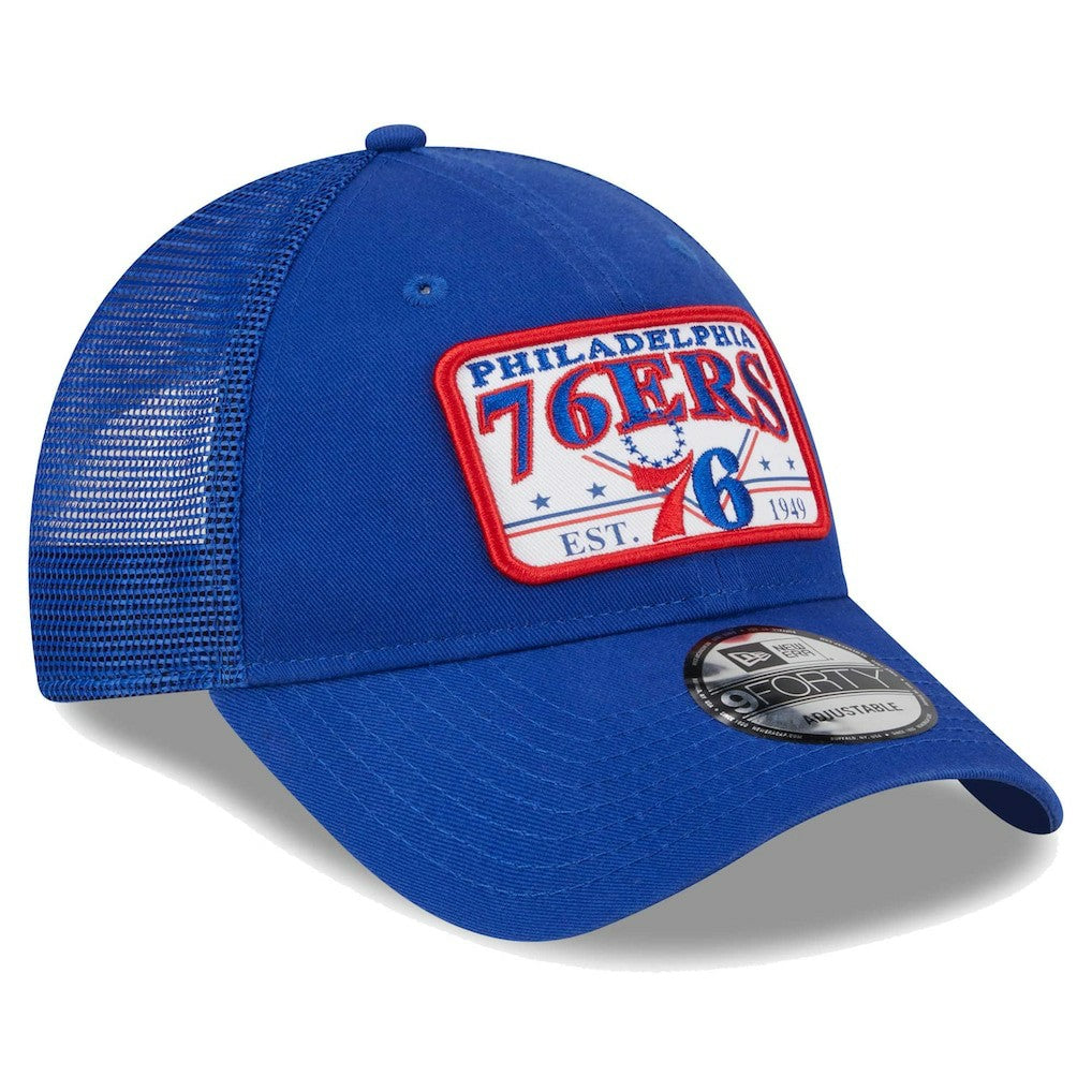 Royal Philadelphia 76ers Plate Oversized Patch Trucker 9FORTY Adjustable Hat | NBA