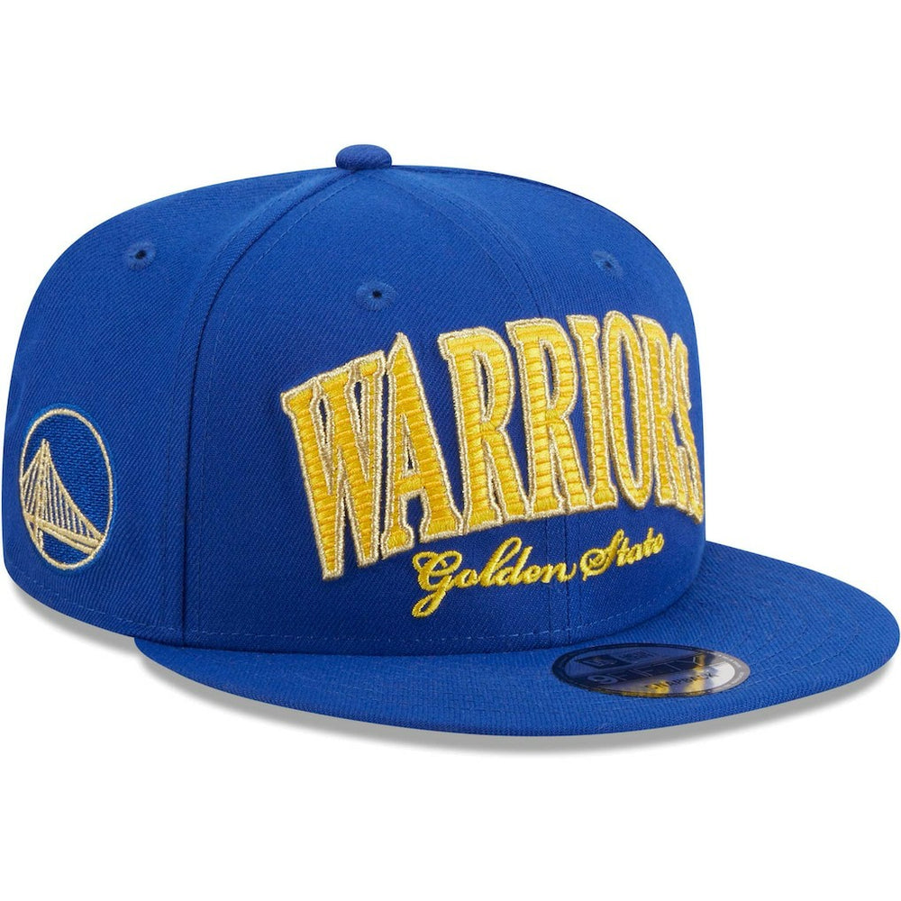 Royal Golden State Warriors Golden Tall Text 9FIFTY Snapback Hat sale | NBA
