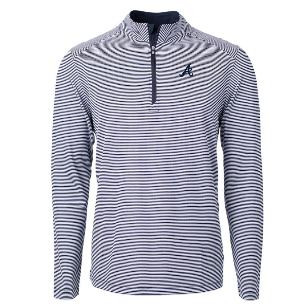 Atlanta Braves Cutter & Buck Virtue Eco Pique Micro Stripe Recycled Quarter-Zip Pullover Top - MLB Pullover