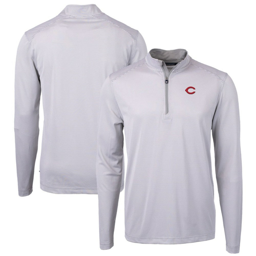Cincinnati Reds Cutter & Buck Virtue Eco Pique Micro Stripe Recycled Quarter-Zip Pullover Top - MLB Pullover